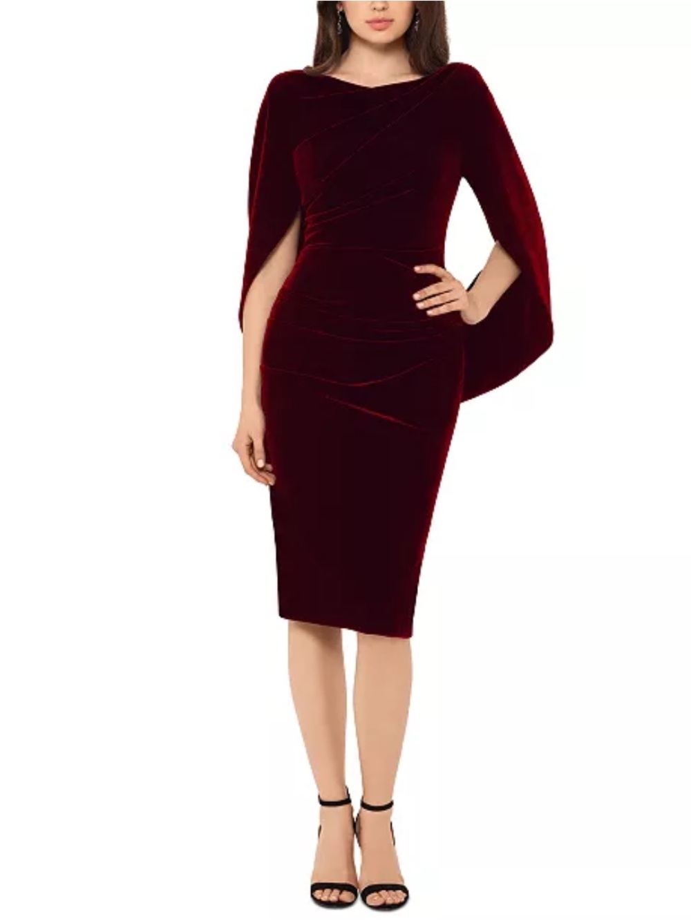 Betsy & Adam Burgundy Red Velvet Cape Dress Cocktail Ruched Sheath Cowl Neck 14W
